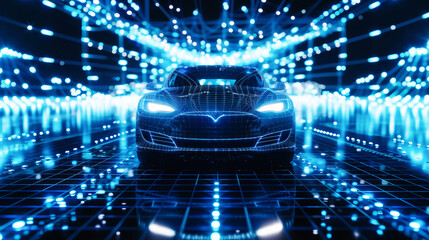 A stunning 3D illustration of an electric car on display. The sleek design and cutting-edge technology captivate the audience at the futuristic car show