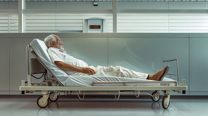 An elderly man peacefully rests on a hospital bed in a serene room. Soft light filters through the window, highlighting his still figure - obrazy, fototapety, plakaty