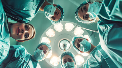 A lively group of funny and cheerful doctors standing in a circle, sharing laughter and camaraderie - obrazy, fototapety, plakaty