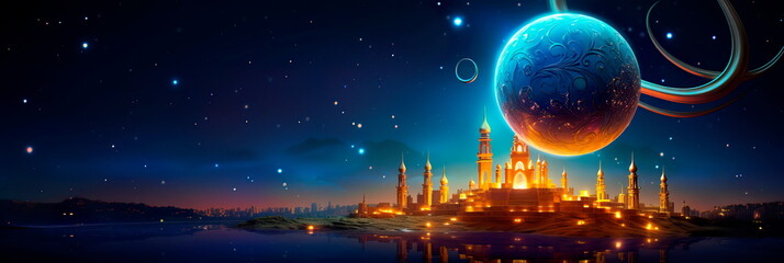 vibrant a crescent moon and twinkling stars to symbolize the beginning of Ramadan. Generative AI