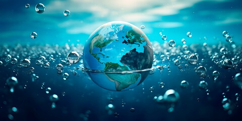 World Water Day the Earth as a blue planet surrounded by diverse cultures coming together for water conservation, Generative AI - obrazy, fototapety, plakaty
