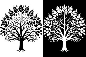 set of silhouettes & seasonal-backgrounds-winter-summer-tree-four-seaso vector illustration