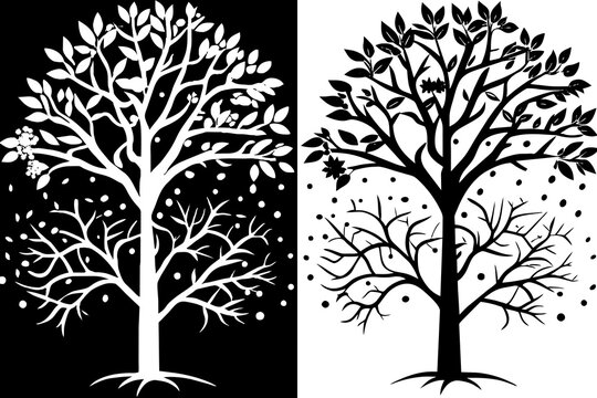 set of silhouettes & seasonal-backgrounds-winter-summer-tree-four-seaso vector illustration