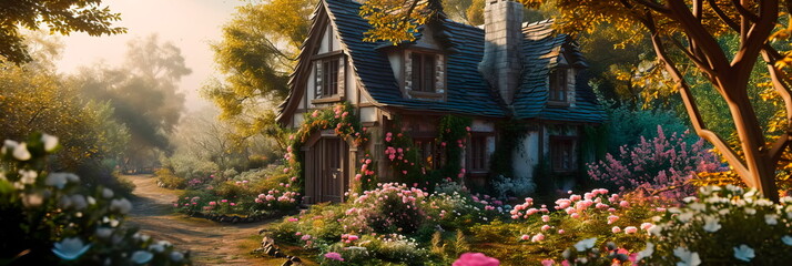 A charming flower-filled cottage surrounded by a lush garden filled with colorful flowers and climbing vines. Generative AI
