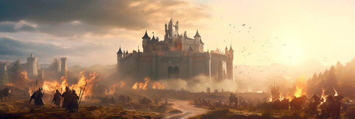 medieval kingdom with a majestic castle and knights in shining armor. Generative AI