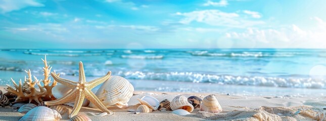 Beautiful beach with white sand, starfish and corals on the shore, blue sky, summer vacation concept banner background, panoramic view. Shells in the sand.