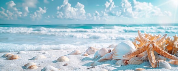 Fototapeta na wymiar Beautiful beach with white sand, starfish and corals on the shore, blue sky, summer vacation concept banner background, panoramic view. Shells in the sand.
