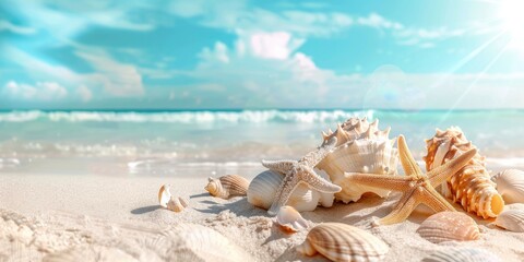 Fototapeta na wymiar Beautiful beach with white sand, starfish and corals on the shore, blue sky, summer vacation concept banner background, panoramic view. Shells in the sand.