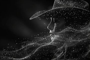 Minimalistic grayscale abstract close-up image of a woman's profile. Silhouette of dots and particles. A beautiful graphic half-tone woman in cowboy hat portrait.
