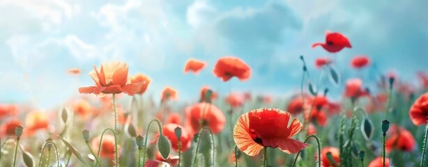Beautiful poppy field in spring on blue sky background - obrazy, fototapety, plakaty