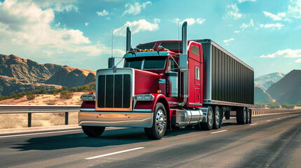 A red semi truck with a cargo semi-trailer is driving down a highway - obrazy, fototapety, plakaty
