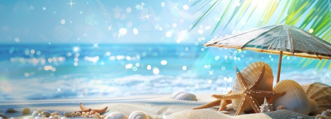 Beautiful tropical beach with white sand, starfish and conch shells on the shore, palm tree umbrella chair, blue sky with bokeh sunlight banner background
