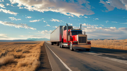 A cargo semi-truck is seen driving down a desert road under the hot sun - obrazy, fototapety, plakaty