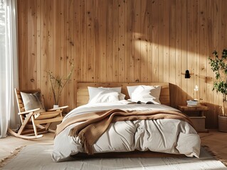 Modern bedroom interior with a wooden wall and comfortable bed, a rocking chair near it