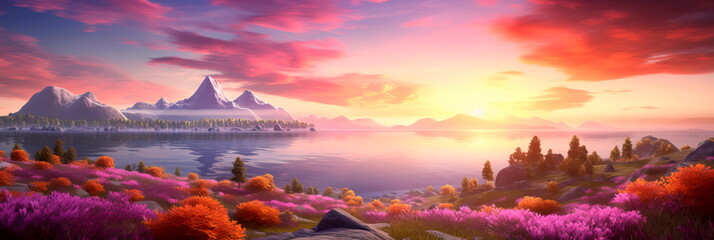 natural landscape purple sky sunset beautiful background , Generative Ai