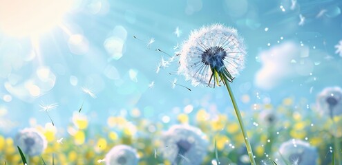 Dandelion flower with seeds flying in the air on a blurred spring or summer background. A beautiful natural landscape on a sunny day.