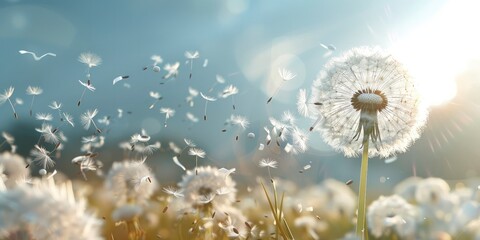 Dandelion flower with seeds flying in the air on a blurred spring or summer background. A beautiful natural landscape on a sunny day. - obrazy, fototapety, plakaty