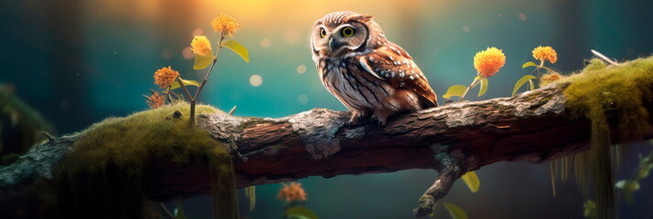 An owl sits on a branch in early spring. Beautiful bird of new life . Generative AI