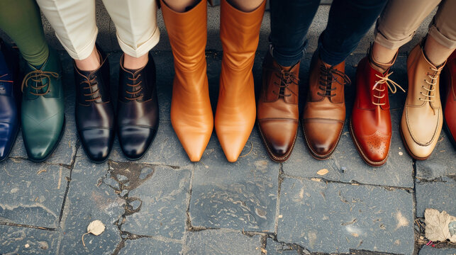 A diverse group of people stand side by side, showcasing a variety of colored shoes, from sleek business shoes to trendy womens footwear