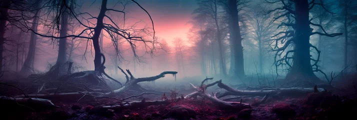 Fotobehang mystical atmosphere of a fog-covered forest by using long exposure to soften the fog and highlight the ghostly outlines of trees. Generative AI © Лилия Захарчук