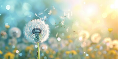 Dandelion flower with seeds flying in the air on a blurred spring or summer background. A beautiful natural landscape on a sunny day.