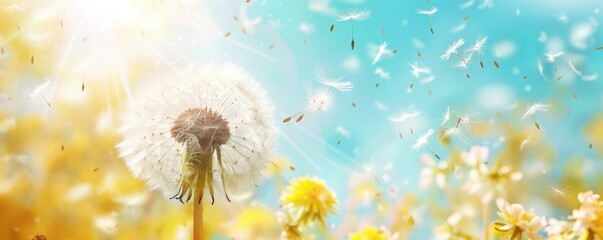 Dandelion flower with seeds flying in the air on a blurred spring or summer background. A beautiful natural landscape on a sunny day. - obrazy, fototapety, plakaty