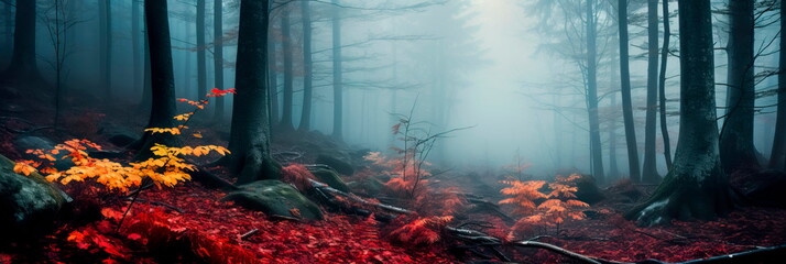 mystical atmosphere of a fog-covered forest by using long exposure to soften the fog and highlight the ghostly outlines of trees. Generative AI - obrazy, fototapety, plakaty