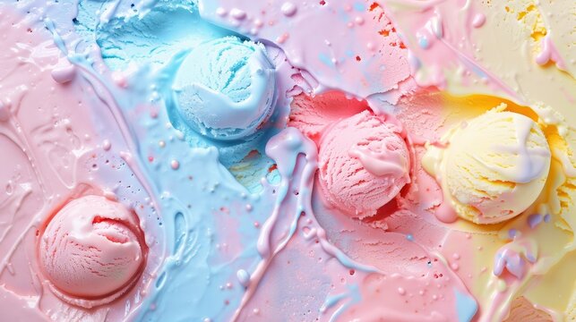 rainbow colored ice cream background, colorful ice creams, ice meditation, vibrant color palette, pastel colors, top view