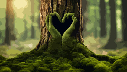 An einem Baum ist ein Herz, geformt aus zwei Händen mit Moos bewachsen.