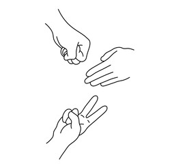 Vector isolated roshambo hands game rock paper scissors hand gesture three friends colorless black and white contour line easy drawing