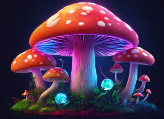 Colorful fly agaric mushroom background - AI generated - obrazy, fototapety, plakaty