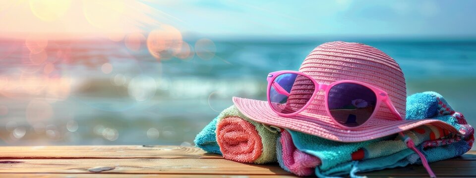 Sunglasses, a pink hat and a colorful towel on a wooden table with a blurred sea background. summer vacation.