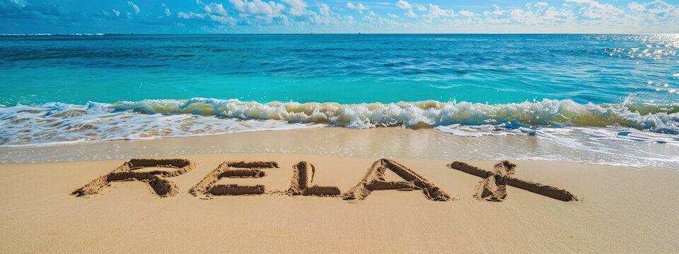 The word RELAX written in the sand on an exotic beach with turquoise water and blue sky, sun shining, summer vacation concept