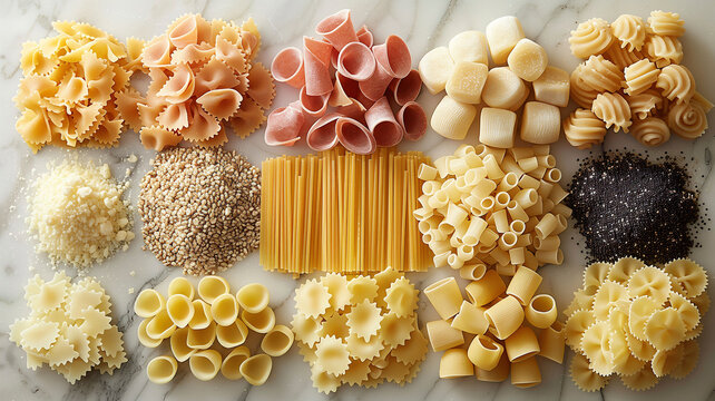pasta of various types organized and distributed in a standardized way, knolling style