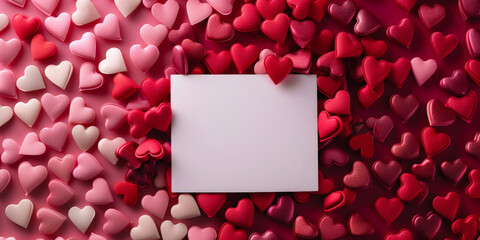 A blank white card  on red and pink hearts  background, valentines day, banner