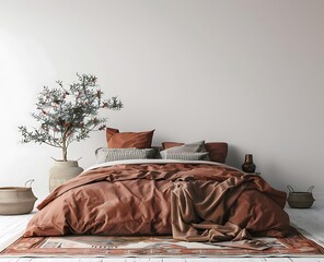 Modern bedroom interior with a brown bed and white wall background, 3D rendering mock up of a home decor scene in the style of a minimalist illustrator