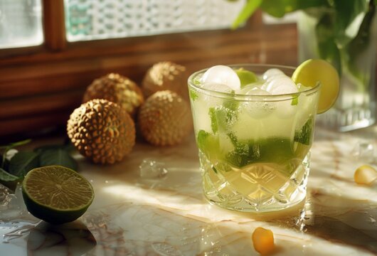 A refreshing summer cocktail of lychee, lime, honey and mint. Mocktail mojito with lychee. The concept of summer soft drinks. A homemade recipe.