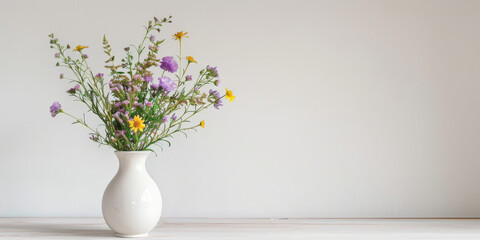 wildflowers in white vase on table on white wall background,	
