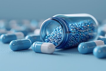 A jar of azure and white liquid capsules spills onto a table, resembling vibrant body jewelry. The aqua hues inspire creative arts and unique jewelry designs - Powered by Adobe