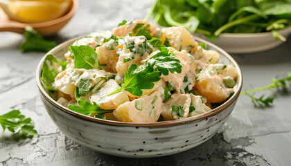 Fototapeta na wymiar Bowl of tasty Potato Salad with greens on grey background