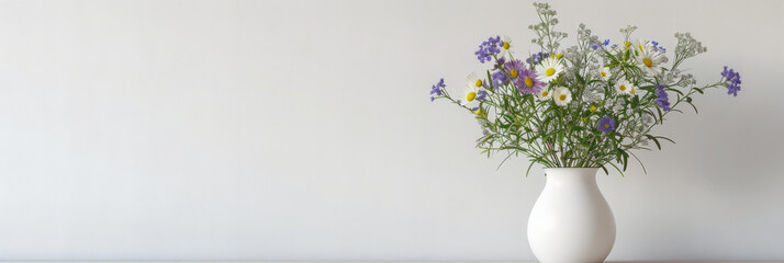 wildflowers in white vase on table on white wall background,	
 - obrazy, fototapety, plakaty