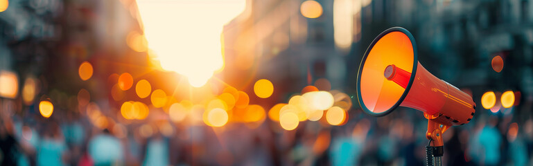 A bustling city square illuminated by the setting sun, an orange megaphone casting a vibrant glow amidst the bokeh lights