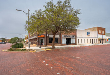 Downtown brick street intersection in Lamesa, Texas, USA