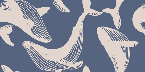 Seamless pattern with whales. Line art pattern for wallpaper, web page background, surface textures.
- 777359152