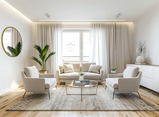 Modern living room interior with white walls, light gray sofa and armchairs, glass coffee table on the wooden floor, bright window, decorative mirror, modern style home decor