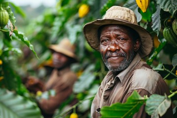An elderly man with a hat in a cacao farm smiling as he harvests - obrazy, fototapety, plakaty