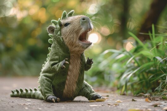 A playful capybara wearing a green dinosaur costume appears to be roaring in a lush, sunlit outdoor environment.