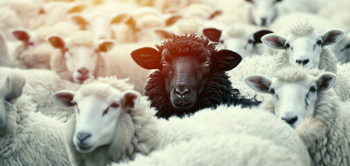 Black sheep among several white sheep, The Black Sheep In The Herd Of White Sheep concept