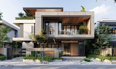 A modern villa in residential area, concrete gray wall and wood