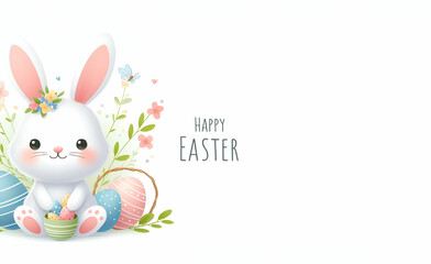 Watercolor illustration white rabbit with easter eggs at the garden full of flowers, GENERATIVE AI